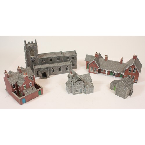 Five boxes of OO gauge model buildings, to include a castle a railway ...