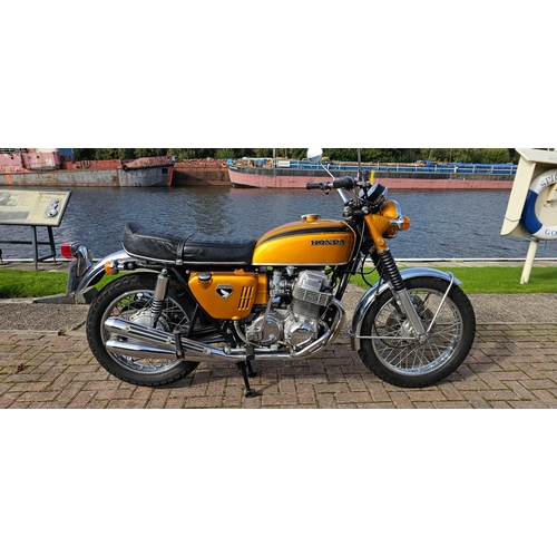 1970 Honda CB750 KO, 736cc. Registration number TTU 761H. Frame number CB750 103375. Engine number CB750E 1032640.
Sold with the V5C, lacking section 9, copy of USA title of ownership, Honda confirmation of age letter.
Under development for a year, the CB750 had a transverse straight-four engine with a single overhead camshaft (SOHC) and a front disc brake, neither of which had previously been available on an affordable mainstream production motorcycle.
The CB750 was the first modern four-cylinder machine from a mainstream manufacturer, and the term superbike was coined to describe it. Adding to the bike's value were its electric starter, kill switch, dual mirrors, flashing indicators, easily maintained valves, and overall smoothness and low vibration both under way and at a standstill.
The CB750 made its United States debut in January 1969 and was first shown to the UK public in April 1969, using 'sand-cast' crank cases. Over the winter of 1969/1970, a revised version was introduced, known retrospectively as the 'K0'. The latter differed mainly by virtue of its die-cast crankcases, this casting method being better suited to mass production than the sand-casting process used for the earlier machines completed prior to September 1969.
TTU has been been confirmed by Honda as being built on the 16th April 1970 and was dispatched to the USA. By 1991 it was with Terry Johnson of Indiana, with a odometer reading of 1200 miles. In 2016 it was imported into the UK and registered by by David Hartley, the odometer reading 10,055 miles at this point. Today it stands at 10,228 having been hardly used in the intervening years, having been used as a display bike. It still has all of its original features, including silencers and carbs.