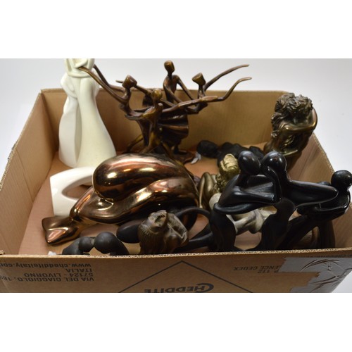 56 - Three boxes of modern figural sculptures, resin and ceramic examples, to include, The Leonardo Colle... 