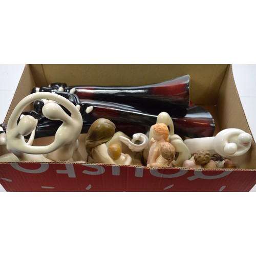 56 - Three boxes of modern figural sculptures, resin and ceramic examples, to include, The Leonardo Colle... 