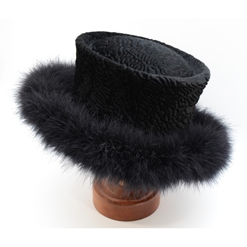 20 - Philip Treacy Black wool/velvet feather trimmed hat, 10cm, with original box.