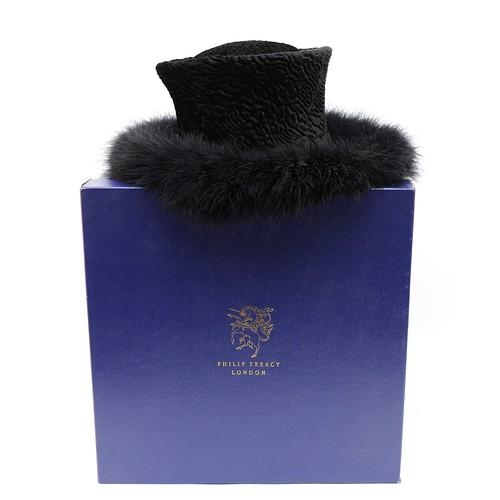20 - Philip Treacy Black wool/velvet feather trimmed hat, 10cm, with original box.