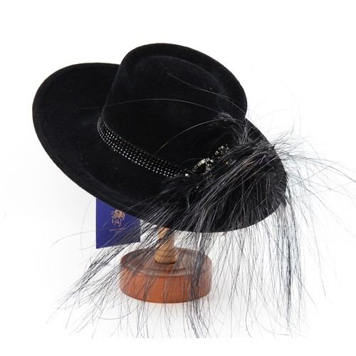 21 - Philip Treacy Black velvet wool hat with crystals OC926, with tag, distressed box.
