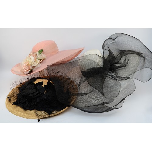 28 - Kokin straw wide brimmed with velvet flowers, together with a Kokin pink straw type wide brimmed wit... 