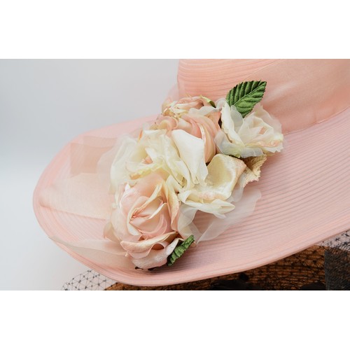 28 - Kokin straw wide brimmed with velvet flowers, together with a Kokin pink straw type wide brimmed wit... 