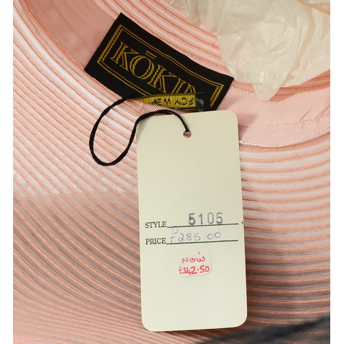 28 - Kokin straw wide brimmed with velvet flowers, together with a Kokin pink straw type wide brimmed wit... 