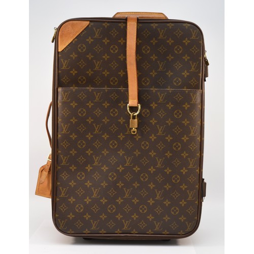 Louis Vuitton Pegasus Legere rolling luggage, suitcase travel bag, monogram canvas brown with leather carry handle, pull up handle for wheeling, side leather carry handle, leather luggage tag, strap and padlock with key. Outer pouch pocket with zip fastening, webbing trim, internal elasticated contents clasp, zipper wrap around fastening. 56 x 37 x 20cm. Good, clean condition. Serial number SP0939