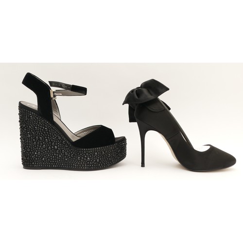 52 - Gina- Black velvet wedge sandals with black gem covered platform, heel 5