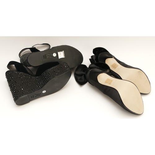 52 - Gina- Black velvet wedge sandals with black gem covered platform, heel 5