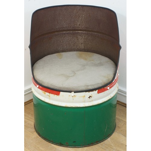 44 - A large Castrol oil drum, converted into a seat, with cushion, 87cm tall.