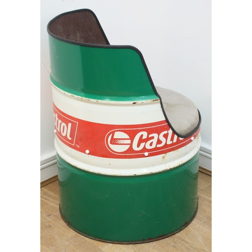 44 - A large Castrol oil drum, converted into a seat, with cushion, 87cm tall.