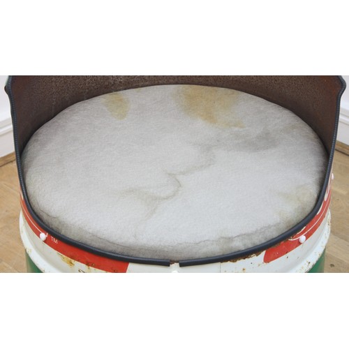 44 - A large Castrol oil drum, converted into a seat, with cushion, 87cm tall.