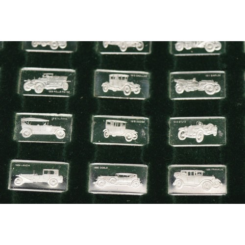 53 - John Pinches 100 Greatest car silver miniature ingot collection, in pressed green case, 27cm wide.