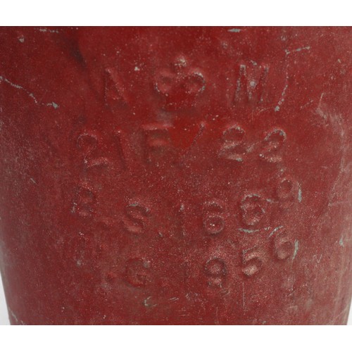 19 - An Air Ministry fire bucket, stamped 'A M. 21F/22. B.S. 1689. H. G. 1956', coated in vibrant red pai... 