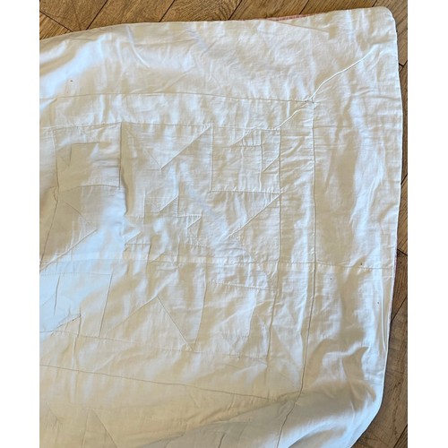 23 - A large patchwork quilt, in a Chintz style decoration, stitched in pink and green, 244cm x 244, toge... 