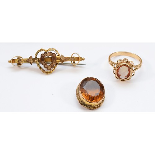 36 - A Victorian gold brooch, Chester 1897, 2.1g, a 9ct gold shell cameo ring, O, 3.2g, a 9ct gold mounte... 