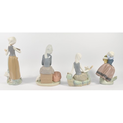 38 - Four Lladro porcelain figurines, Shepherdess with Dove, P 17 Ju, h. 17cm, Spring is Here, h. 16, D 1... 
