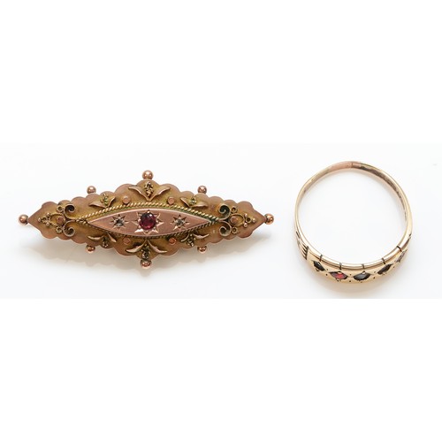 55 - A Victorian 9ct gold rose cut diamond brooch, 3.3g, with a Victorian 9ct gold gemset ring, several s... 