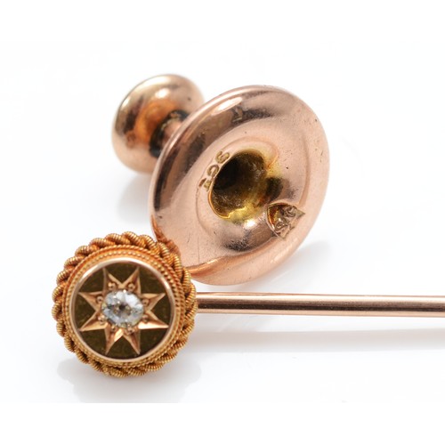 5 - A 9ct gold shirt button, maker JS, 0.99g, with an unmarked gold and diamond stick pin, in a box, 1.7... 