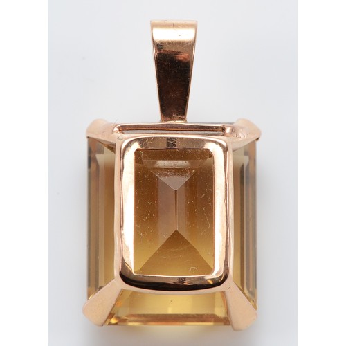 15 - An unmarked 9ct gold citrine pendant, 18mm x 15mm citrine, electronically tested as 9ct gold, 8.6g