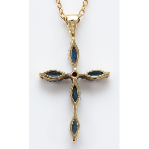 18 - A 9ct gold sapphire and diamond cross pendant on a chain, 20mm, 2.1g