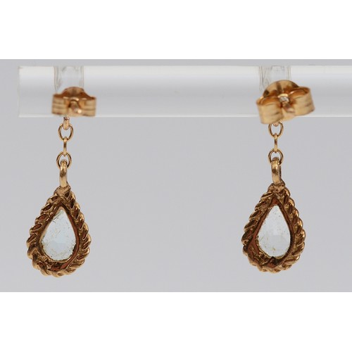 22 - A pair of 9ct gold aquamarine drop earrings with scroll backs, 1g