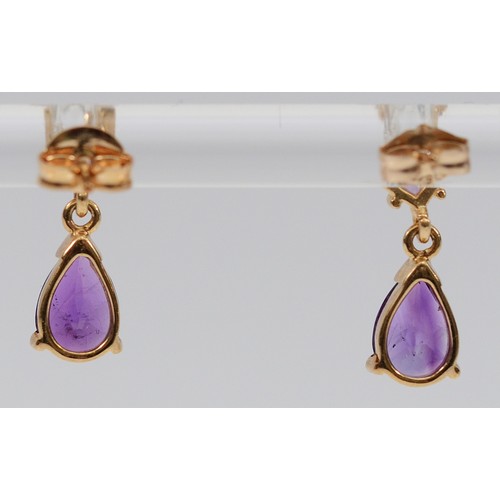 25 - A pair of 9ct gold amethyst drop earrings with scroll backs, 1.4g
