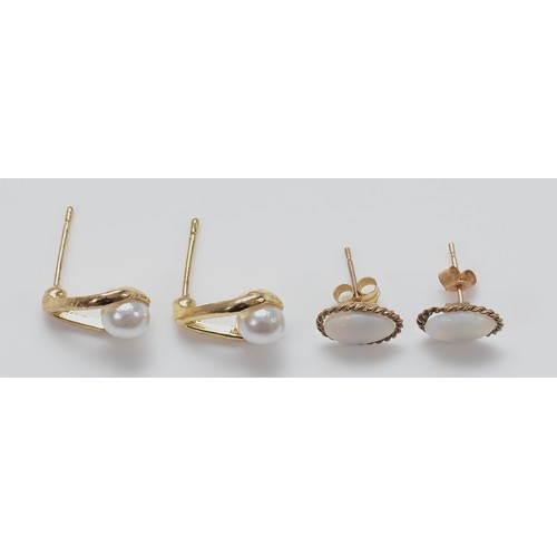 51 - A pair of 9ct gold opal earrings with scroll backs, 0.8g, with a pair of 925 silver cultured pearl e... 