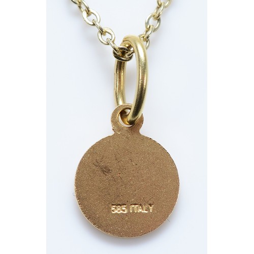 55 - An Italian 585 gold disc pendant on a 585 gold chain, 7mm, 2.3g