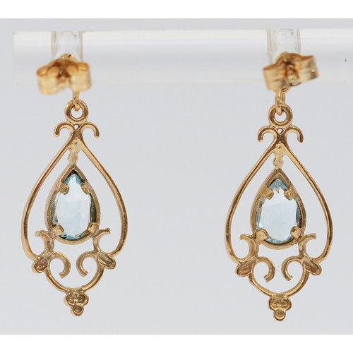 326 - A pair of 9ct gold blue topaz drop earrings with scroll backs, 25mm, 1.4g