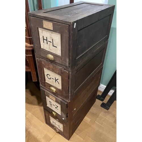 2 - A bank of four early 20th century individual pine filing drawers, having brass cup handles, W35, H32... 