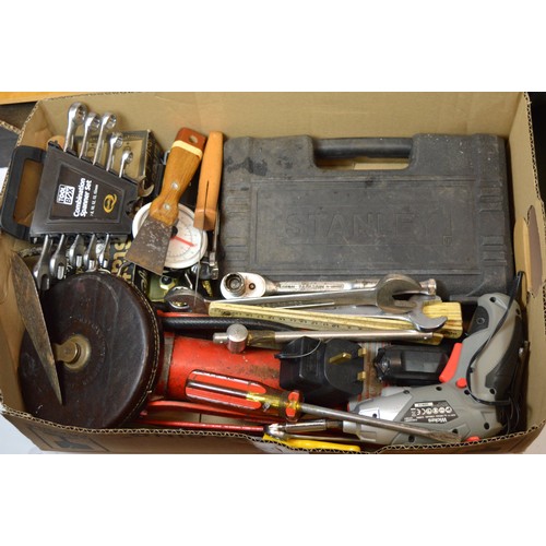 12 - Four boxes of tools, to include, a Stanley plane, a Burgess engraving set, and a quantity of spanner... 
