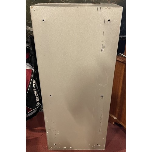 20 - A large five gun steel gun cabinet, having twin locks with keys, W55, H128, D28cm.