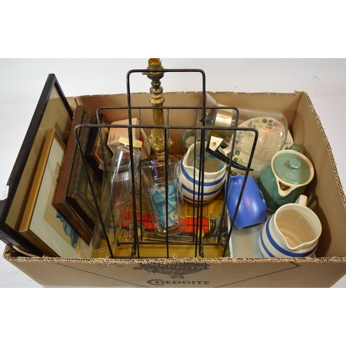 37 - Two boxes of vintage collectable items, to include, a flat iron, a shoe last, Denby pottery, a metro... 