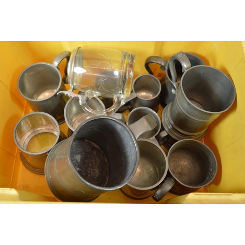 53 - Three boxes containing early 20th century and later pewter, copper and brassware, to include a coppe... 