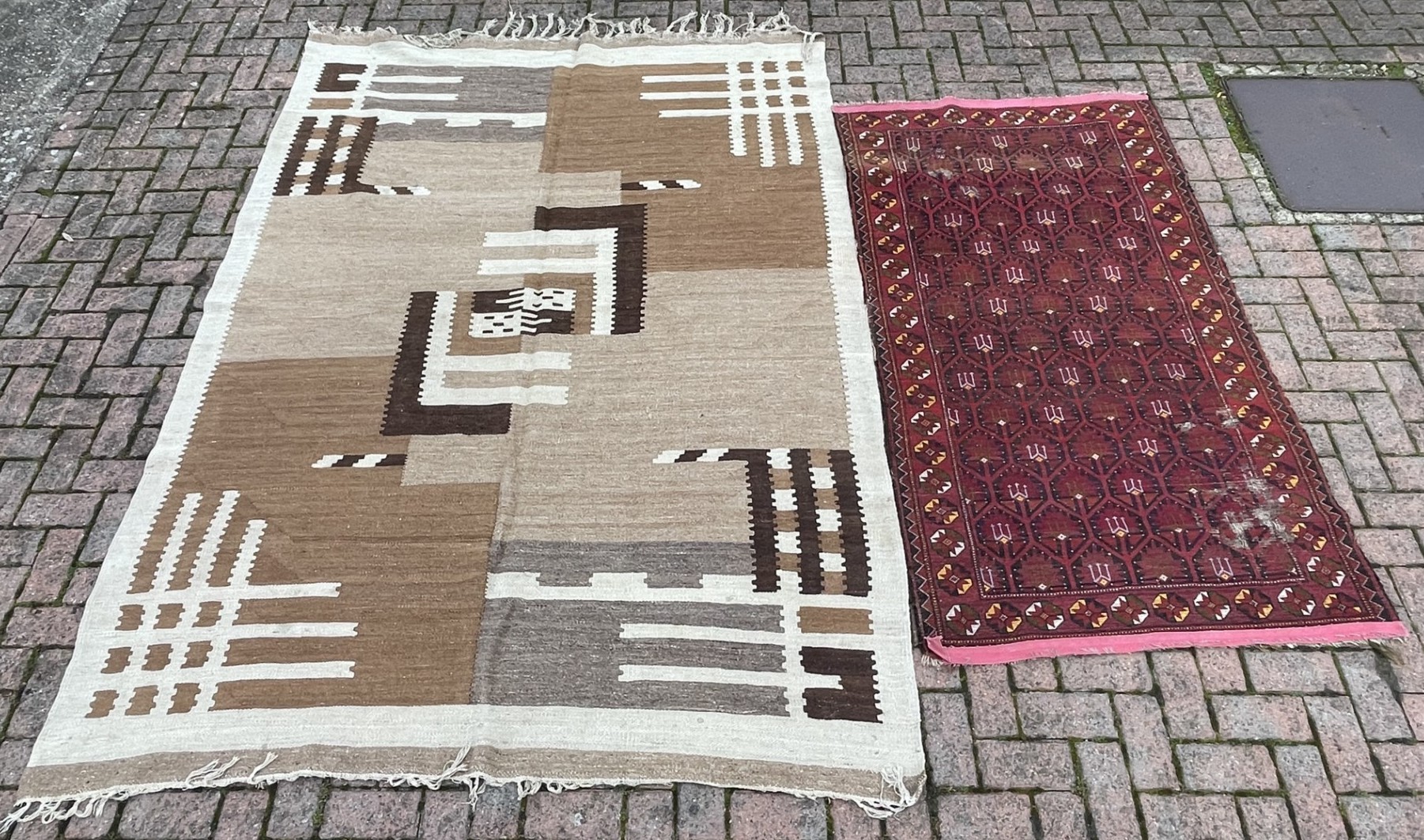 An Egyption Kilim hand woven flatweave rug, beige and browns with a ...