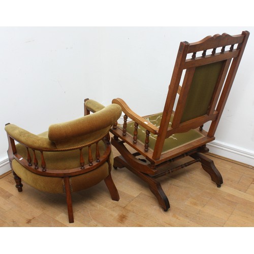 An Edwardian rocking chair, walnut frame with upholstered seat and back ...