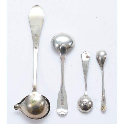 12 - A Danish silver ladle, 1929, Christian F. Heise, together with three silver condiment spoons, Birmin... 