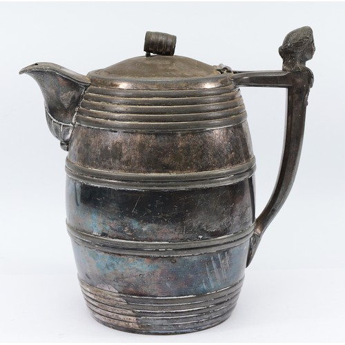 14 - A Meriden B.Company double lined pewter beer pitcher, in the form of a barrel with barrel decoration... 