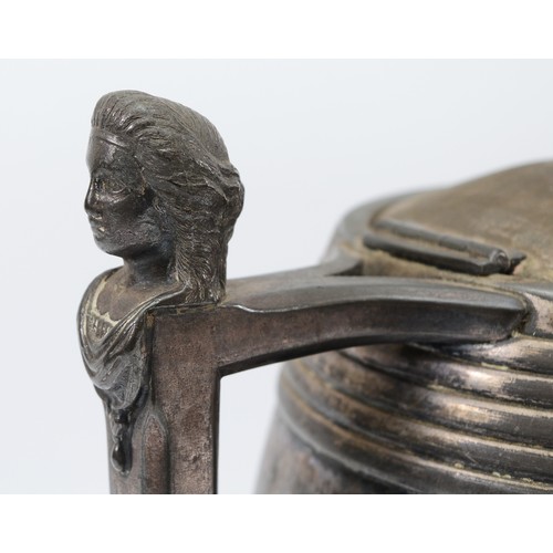 14 - A Meriden B.Company double lined pewter beer pitcher, in the form of a barrel with barrel decoration... 