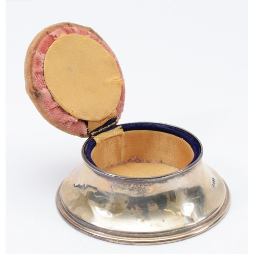 39 - A circular Victorian silver pin cushion with hinged lid, London 1860, loaded, 10x6cm.