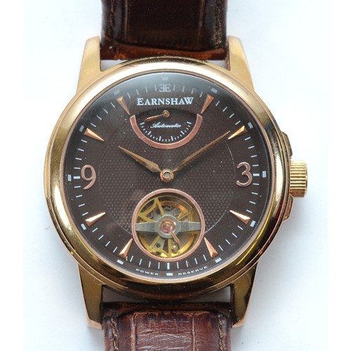 Earnshaw, a gold plated automatic gentleman's wristwatch, exhibition case, black dial, with leather strap.