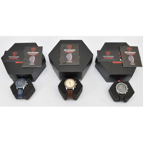 347 - Detomaso Firenze, three stainless steel quartz gentleman's wristwatches, with brown bezel and leathe... 