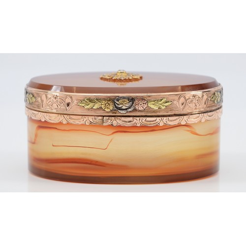 42 - A Russian rose diamond, three colour gold and agate oval snuff box, apparently unmarked, c.mid 18th ... 