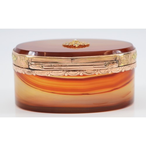 42 - A Russian rose diamond, three colour gold and agate oval snuff box, apparently unmarked, c.mid 18th ... 