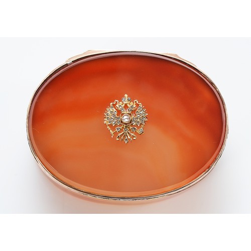 42 - A Russian rose diamond, three colour gold and agate oval snuff box, apparently unmarked, c.mid 18th ... 