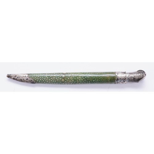 6 - A Dutch silver mounted steel travelling knife, decorated with embossed figures to the silver handle ... 