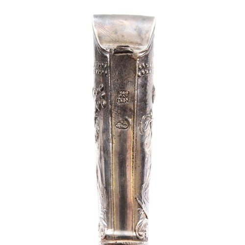 6 - A Dutch silver mounted steel travelling knife, decorated with embossed figures to the silver handle ... 