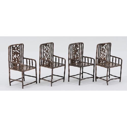 29 - Four Chinese sterling silver miniature bamboo style chairs, by Wang Hing, 6x3cm, 80gm