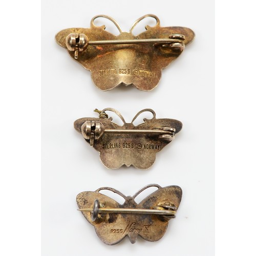56 - Hroar Prydz, two 925 silver and enamel butterfly brooches, 25mm-30mm, with a Norne, 925 silver and e... 